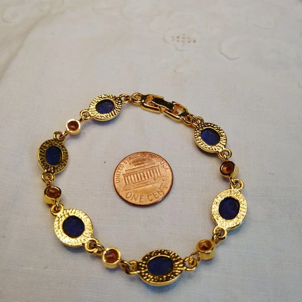 Gold‑Tone Lapis Lazuli & Carnelian Cabochon Link Bracelet, 7.5